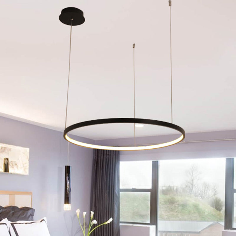 Black Circular Chandelier Light Fixture Minimalist Acrylic 1/2/3 Lights Pendant Light Fixture in White/Warm Light Clearhalo 'Ceiling Lights' 'Chandeliers' 'Modern Chandeliers' 'Modern' Lighting' 513441