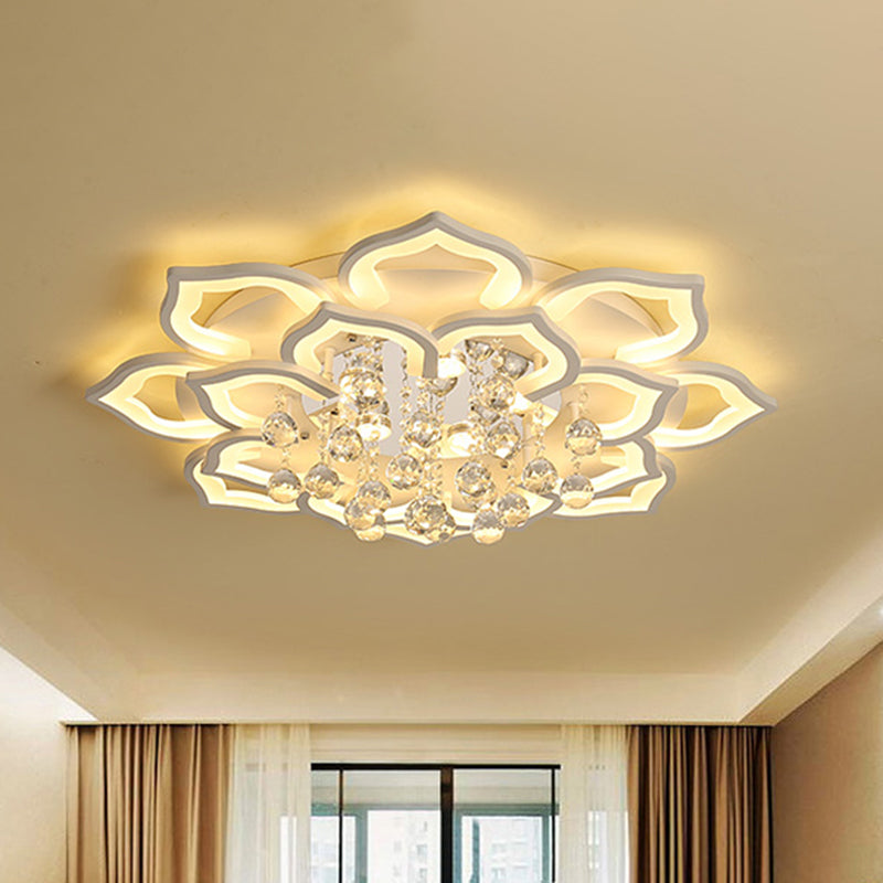 6/16/20 Lights Living Room Ceiling Light White Flush Mount Light Fixture in Warm/White Light with Floral Acrylic Shade and Crystal Drop Clearhalo 'Ceiling Lights' 'Close To Ceiling Lights' 'Close to ceiling' 'Flush mount' Lighting' 513513