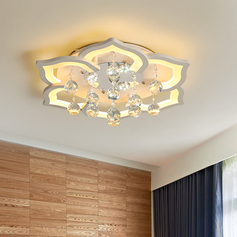 6/16/20 Lights Living Room Ceiling Light White Flush Mount Light Fixture in Warm/White Light with Floral Acrylic Shade and Crystal Drop Clearhalo 'Ceiling Lights' 'Close To Ceiling Lights' 'Close to ceiling' 'Flush mount' Lighting' 513514