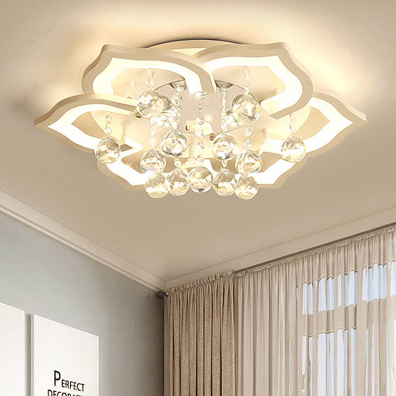 6/16/20 Lights Living Room Ceiling Light White Flush Mount Light Fixture in Warm/White Light with Floral Acrylic Shade and Crystal Drop Clearhalo 'Ceiling Lights' 'Close To Ceiling Lights' 'Close to ceiling' 'Flush mount' Lighting' 513515