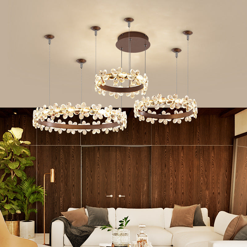 Garland Shape Crystal Chandelier Light Contemporary 2/3 Lights Coffee Led Hanging Pendant Lamp in White/Warm Light 3 Coffee Clearhalo 'Ceiling Lights' 'Chandeliers' 'Modern Chandeliers' 'Modern' Lighting' 513527