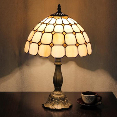 12"/8" Wide Lattice Bowl Office Desk Light with Bead Glass Single Light Tiffany Desk Lamp in White for Hotel White 8" Clearhalo 'Lamps' 'Table Lamps' Lighting' 51758