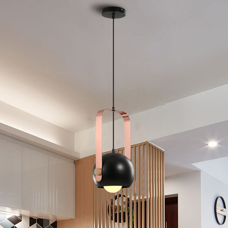 Black Dome Ceiling Pendant Light Modern Nordic Style 1 Head Metal Hanging Lamp Kit with Pink Handle Clearhalo 'Ceiling Lights' 'Modern Pendants' 'Modern' 'Pendant Lights' 'Pendants' Lighting' 518772