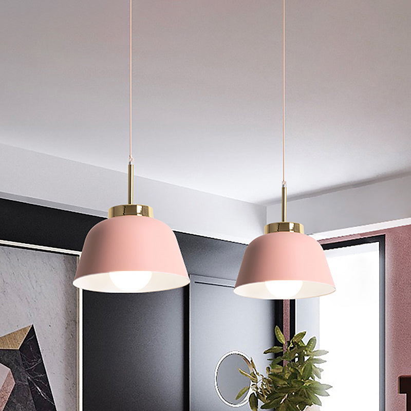 1-Light Dining Room Pendant Macaron Style Pink Finish Hanging Ceiling Lamp with Bowl Iron Shade Pink Clearhalo 'Ceiling Lights' 'Modern Pendants' 'Modern' 'Pendant Lights' 'Pendants' Lighting' 518785