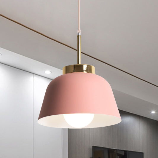 1-Light Dining Room Pendant Macaron Style Pink Finish Hanging Ceiling Lamp with Bowl Iron Shade Clearhalo 'Ceiling Lights' 'Modern Pendants' 'Modern' 'Pendant Lights' 'Pendants' Lighting' 518786