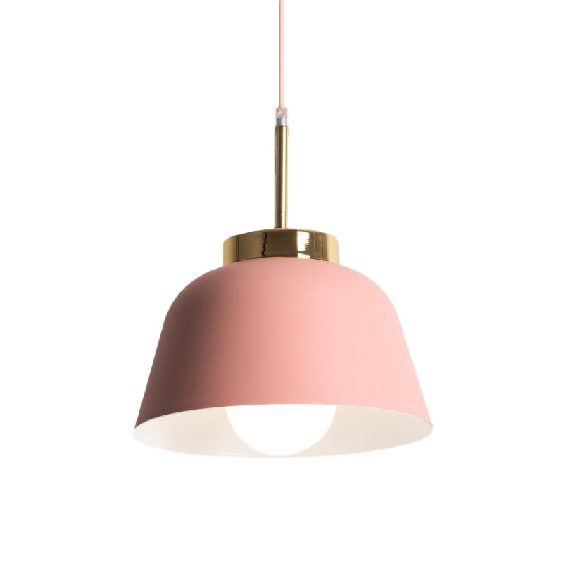 1-Light Dining Room Pendant Macaron Style Pink Finish Hanging Ceiling Lamp with Bowl Iron Shade Clearhalo 'Ceiling Lights' 'Modern Pendants' 'Modern' 'Pendant Lights' 'Pendants' Lighting' 518787