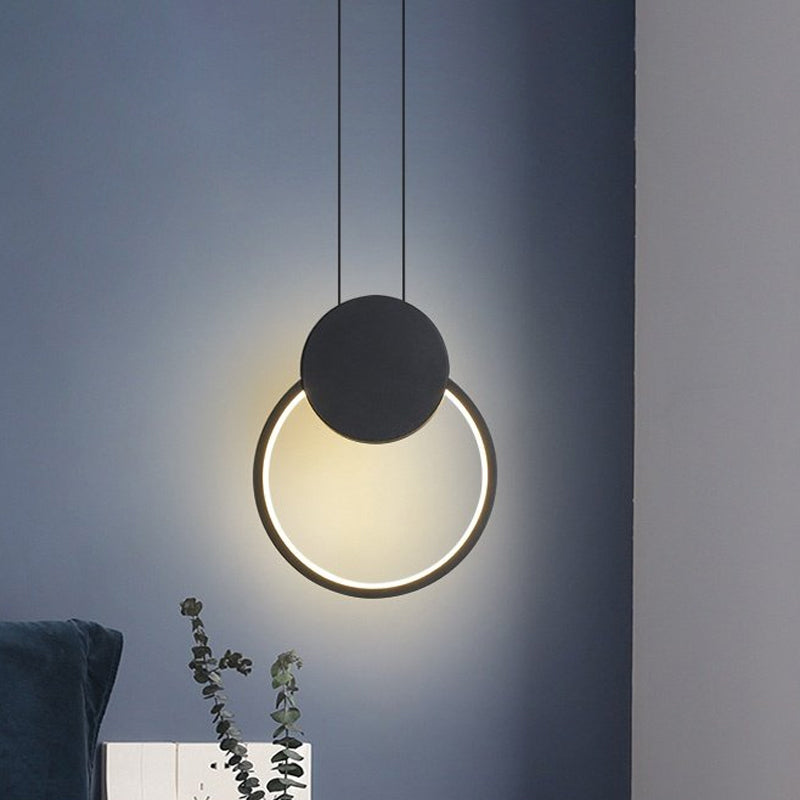 Round Suspension Light Modernism Acrylic White/Black LED Hanging Lamp Fixture for Bedside, White/Warm Light Black Clearhalo 'Ceiling Lights' 'Modern Pendants' 'Modern' 'Pendant Lights' 'Pendants' Lighting' 518814