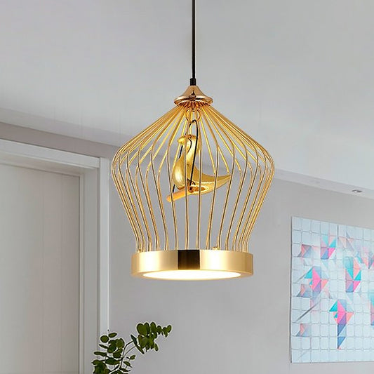 Gold Crown Cage Hanging Lighting Simple 1-Light Metal Ceiling Pendant Lamp with Bird Deco Gold Clearhalo 'Ceiling Lights' 'Modern Pendants' 'Modern' 'Pendant Lights' 'Pendants' Lighting' 518832