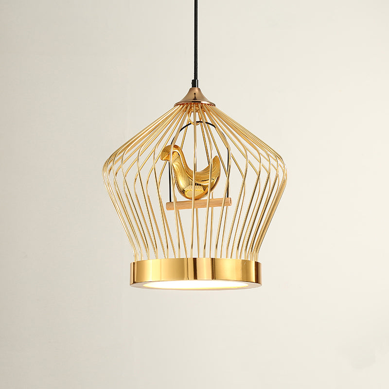 Gold Crown Cage Hanging Lighting Simple 1-Light Metal Ceiling Pendant Lamp with Bird Deco Clearhalo 'Ceiling Lights' 'Modern Pendants' 'Modern' 'Pendant Lights' 'Pendants' Lighting' 518835