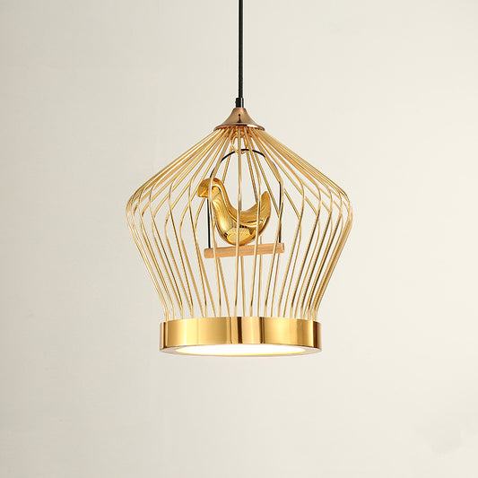 Gold Crown Cage Hanging Lighting Simple 1-Light Metal Ceiling Pendant Lamp with Bird Deco Clearhalo 'Ceiling Lights' 'Modern Pendants' 'Modern' 'Pendant Lights' 'Pendants' Lighting' 518835