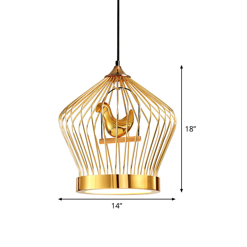 Gold Crown Cage Hanging Lighting Simple 1-Light Metal Ceiling Pendant Lamp with Bird Deco Clearhalo 'Ceiling Lights' 'Modern Pendants' 'Modern' 'Pendant Lights' 'Pendants' Lighting' 518836