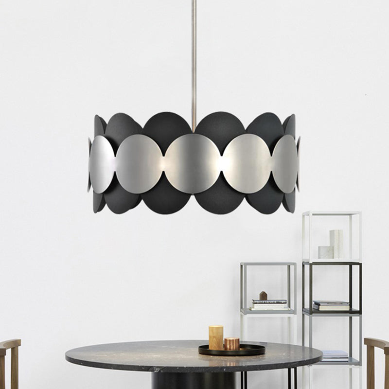 Black Drum Shape Hanging Lighting Modern Nordic 6 Bulbs Metallic Ceiling Chandelier for Bedroom Clearhalo 'Ceiling Lights' 'Chandeliers' 'Modern Chandeliers' 'Modern' Lighting' 518854