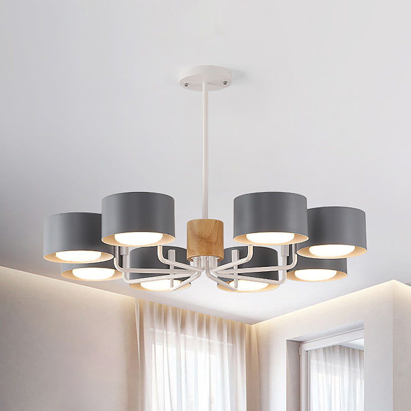 8 Heads Living Room Chandelier Modernist Grey/Green/White Finish Radial Pendant Light with Drum Iron Shade Clearhalo 'Ceiling Lights' 'Chandeliers' 'Modern Chandeliers' 'Modern' Lighting' 518884