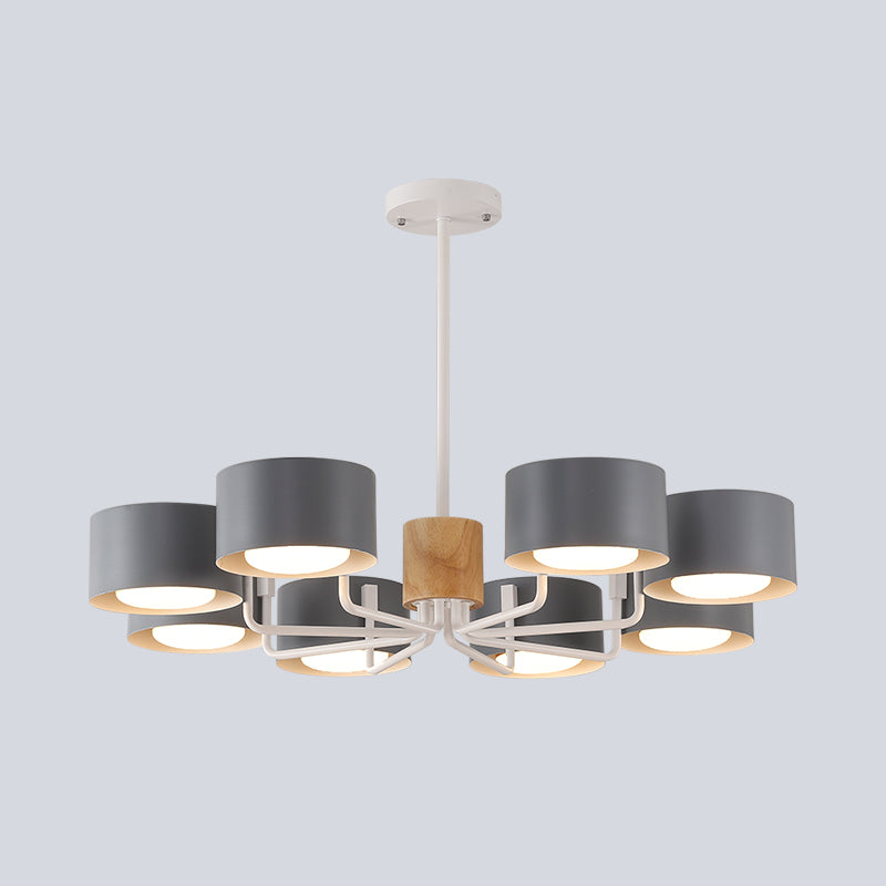 8 Heads Living Room Chandelier Modernist Grey/Green/White Finish Radial Pendant Light with Drum Iron Shade Clearhalo 'Ceiling Lights' 'Chandeliers' 'Modern Chandeliers' 'Modern' Lighting' 518886