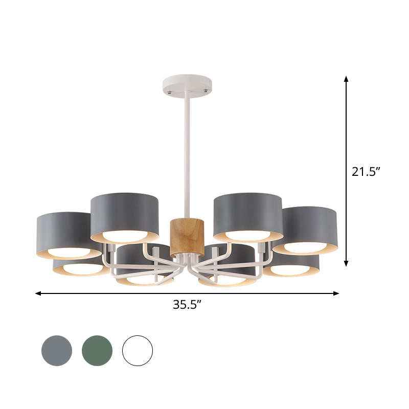 8 Heads Living Room Chandelier Modernist Grey/Green/White Finish Radial Pendant Light with Drum Iron Shade Clearhalo 'Ceiling Lights' 'Chandeliers' 'Modern Chandeliers' 'Modern' Lighting' 518887