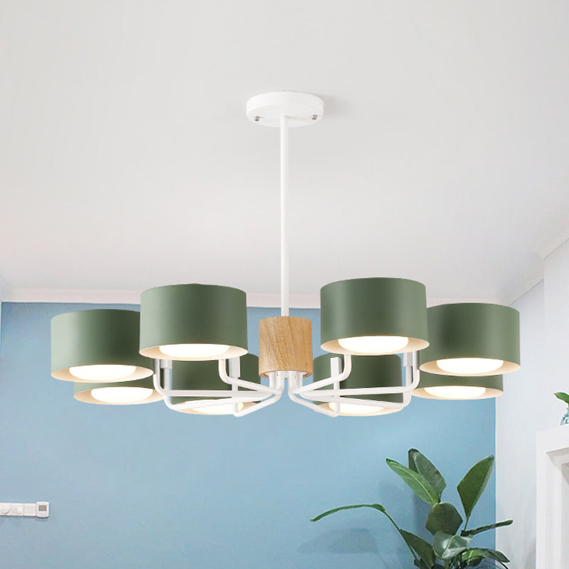 8 Heads Living Room Chandelier Modernist Grey/Green/White Finish Radial Pendant Light with Drum Iron Shade Green Clearhalo 'Ceiling Lights' 'Chandeliers' 'Modern Chandeliers' 'Modern' Lighting' 518888