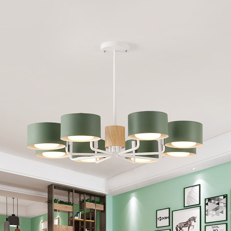 8 Heads Living Room Chandelier Modernist Grey/Green/White Finish Radial Pendant Light with Drum Iron Shade Clearhalo 'Ceiling Lights' 'Chandeliers' 'Modern Chandeliers' 'Modern' Lighting' 518889