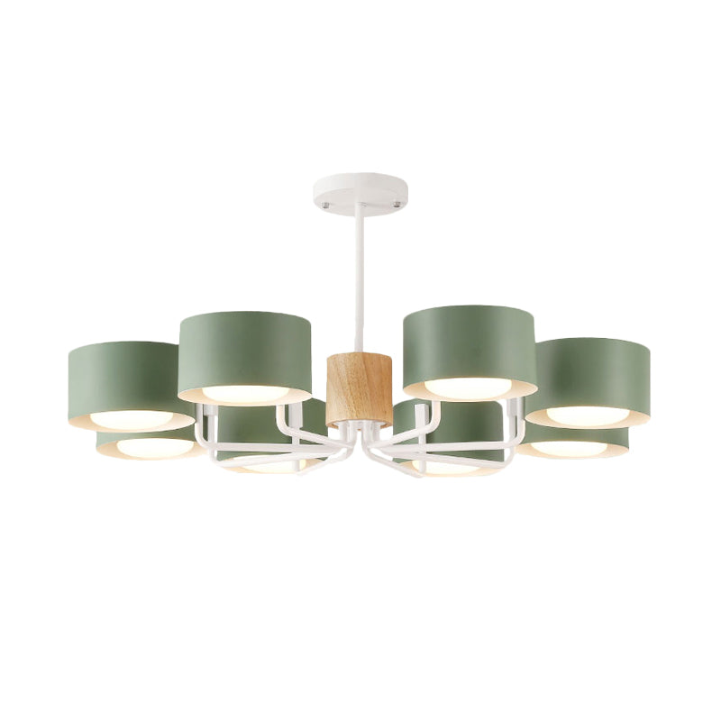 8 Heads Living Room Chandelier Modernist Grey/Green/White Finish Radial Pendant Light with Drum Iron Shade Clearhalo 'Ceiling Lights' 'Chandeliers' 'Modern Chandeliers' 'Modern' Lighting' 518890