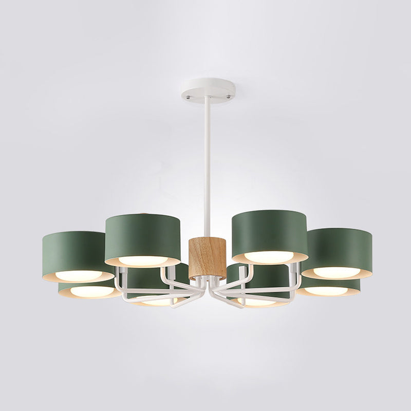 8 Heads Living Room Chandelier Modernist Grey/Green/White Finish Radial Pendant Light with Drum Iron Shade Clearhalo 'Ceiling Lights' 'Chandeliers' 'Modern Chandeliers' 'Modern' Lighting' 518891