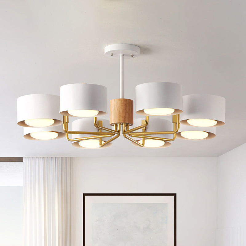 8 Heads Living Room Chandelier Modernist Grey/Green/White Finish Radial Pendant Light with Drum Iron Shade White Clearhalo 'Ceiling Lights' 'Chandeliers' 'Modern Chandeliers' 'Modern' Lighting' 518892