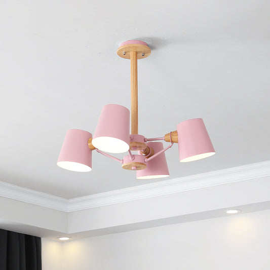 Pink/Yellow Barrel Semi Flush Lighting Macaron 4-Light Metal Flush Mounted Ceiling Lamp with Wood Rod Pink Clearhalo 'Ceiling Lights' 'Close To Ceiling Lights' 'Close to ceiling' 'Semi-flushmount' Lighting' 518901