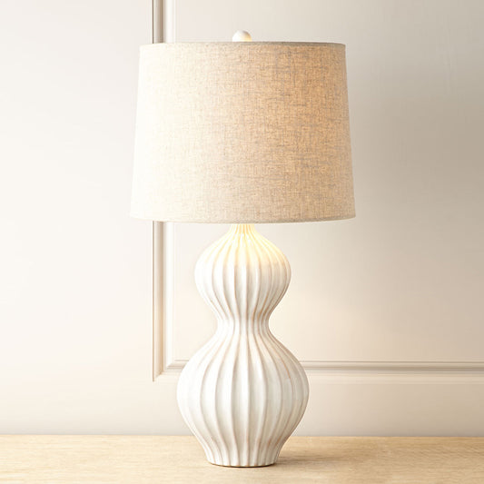 Nordic Shaded Table Light Fabric 1 Bulb Task Lighting in White with Gourd Ceramic Base White Clearhalo 'Lamps' 'Table Lamps' Lighting' 518933