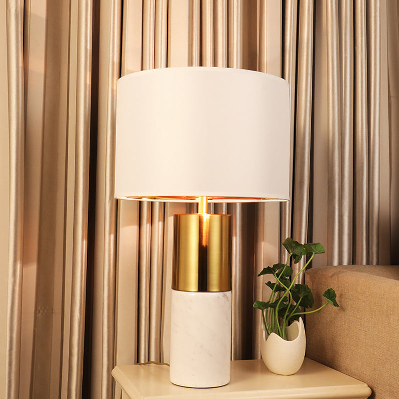 1 Head Cylindrical Desk Lamp Modern Fabric Table Light in White with Marble Base White Clearhalo 'Lamps' 'Table Lamps' Lighting' 518963
