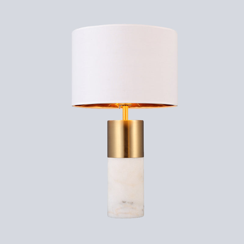 1 Head Cylindrical Desk Lamp Modern Fabric Table Light in White with Marble Base Clearhalo 'Lamps' 'Table Lamps' Lighting' 518966