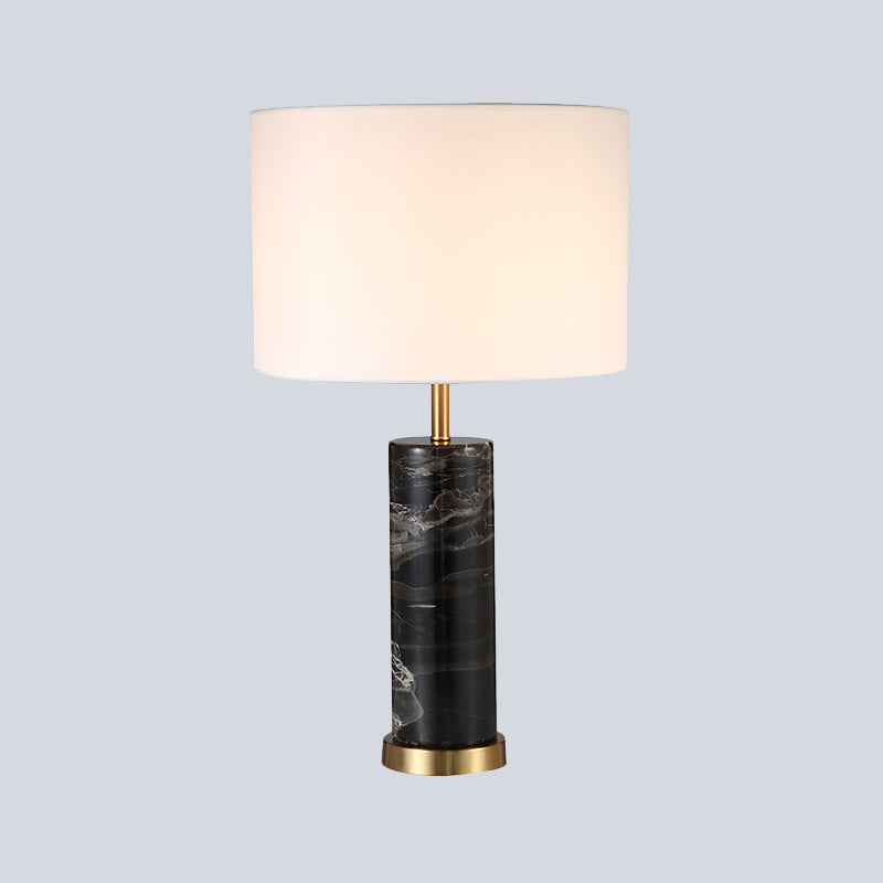 White Cylinder Task Light Nordic 1 Bulb Fabric Night Table Lamp with Black Marble Base Clearhalo 'Lamps' 'Table Lamps' Lighting' 518976