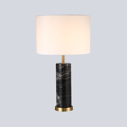 White Cylinder Task Light Nordic 1 Bulb Fabric Night Table Lamp with Black Marble Base Clearhalo 'Lamps' 'Table Lamps' Lighting' 518976