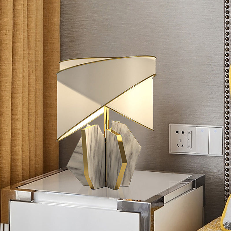 Fabric Shaded Table Lamp Modernist 1 Bulb Gold Desk Light with Gray Geometric Marble Base Clearhalo 'Lamps' 'Table Lamps' Lighting' 519064