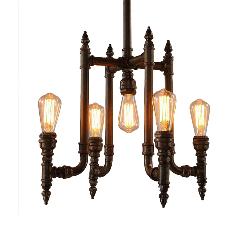 Rust 5 Bulbs Chandelier Lighting Antiqued Metallic Radial Pipe Ceiling Hang Fixture for Living Room Clearhalo 'Cast Iron' 'Ceiling Lights' 'Chandeliers' 'Industrial Chandeliers' 'Industrial' 'Metal' 'Middle Century Chandeliers' 'Rustic Chandeliers' 'Tiffany' Lighting' 519095