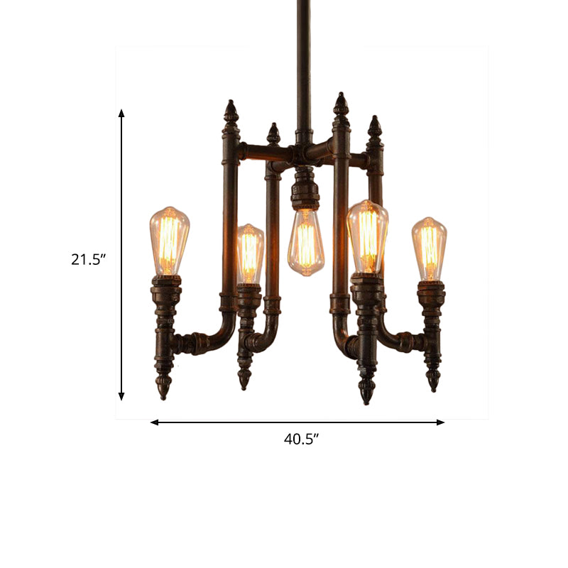 Rust 5 Bulbs Chandelier Lighting Antiqued Metallic Radial Pipe Ceiling Hang Fixture for Living Room Clearhalo 'Cast Iron' 'Ceiling Lights' 'Chandeliers' 'Industrial Chandeliers' 'Industrial' 'Metal' 'Middle Century Chandeliers' 'Rustic Chandeliers' 'Tiffany' Lighting' 519097