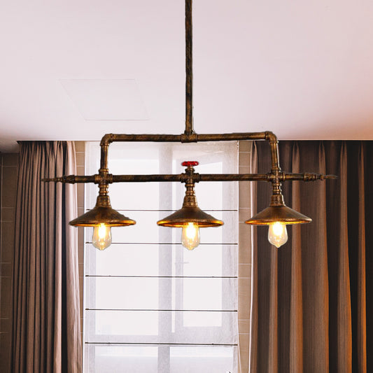3 Lights Bell Shade Island Lighting Industrial Rust Iron Hanging Ceiling Lamp with Water Pipe Design Rust Clearhalo 'Ceiling Lights' 'Island Lights' Lighting' 519103