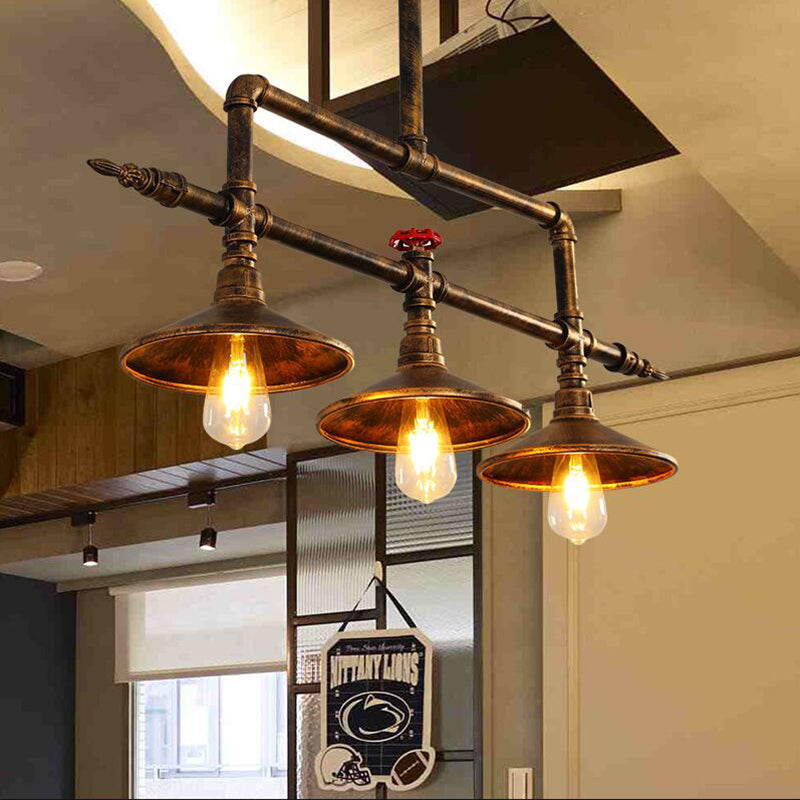 3 Lights Bell Shade Island Lighting Industrial Rust Iron Hanging Ceiling Lamp with Water Pipe Design Clearhalo 'Ceiling Lights' 'Island Lights' Lighting' 519104