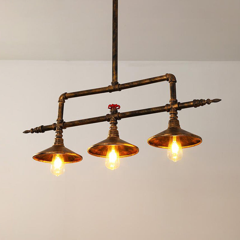 3 Lights Bell Shade Island Lighting Industrial Rust Iron Hanging Ceiling Lamp with Water Pipe Design Clearhalo 'Ceiling Lights' 'Island Lights' Lighting' 519106