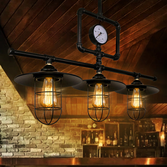 3 Heads Metal Ceiling Lighting Antiqued Black Flat Shade Bar Island Pendant Lamp with Watermeter Deco Black Clearhalo 'Ceiling Lights' 'Island Lights' Lighting' 519108