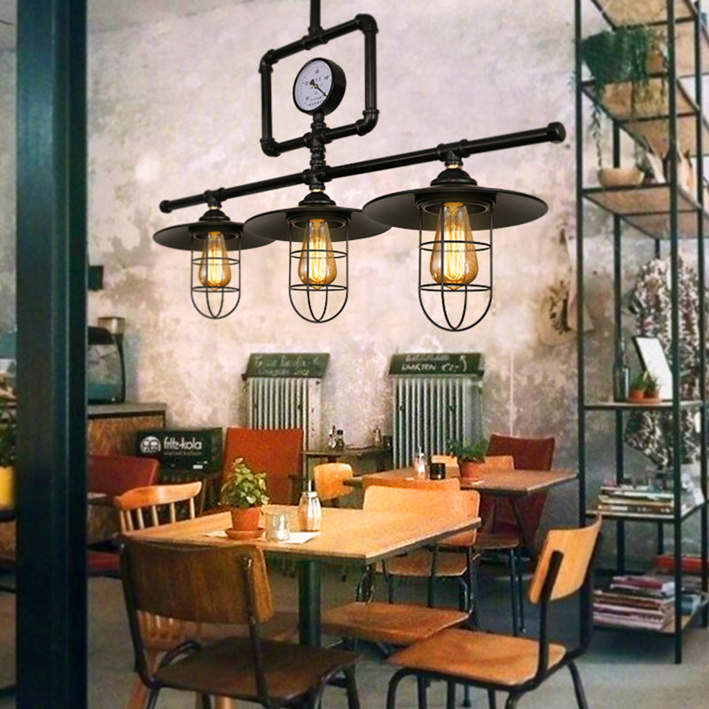 3 Heads Metal Ceiling Lighting Antiqued Black Flat Shade Bar Island Pendant Lamp with Watermeter Deco Clearhalo 'Ceiling Lights' 'Island Lights' Lighting' 519109