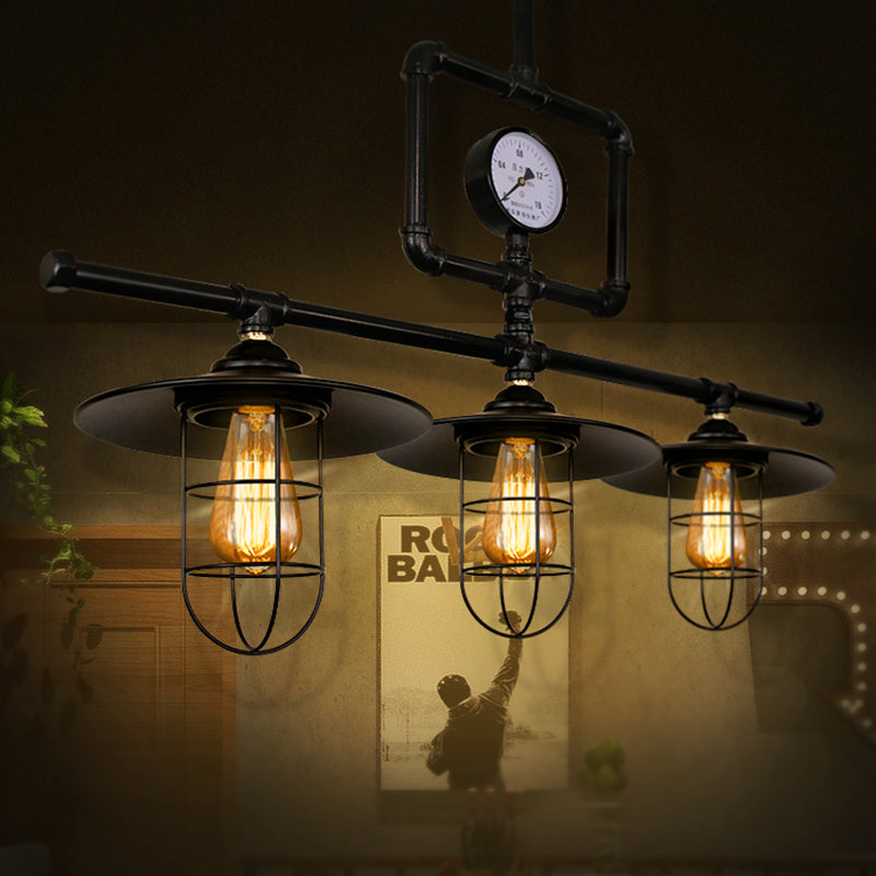 3 Heads Metal Ceiling Lighting Antiqued Black Flat Shade Bar Island Pendant Lamp with Watermeter Deco Clearhalo 'Ceiling Lights' 'Island Lights' Lighting' 519110