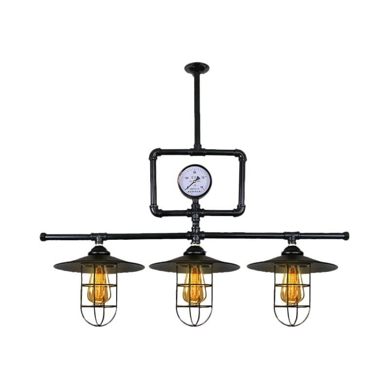 3 Heads Metal Ceiling Lighting Antiqued Black Flat Shade Bar Island Pendant Lamp with Watermeter Deco Clearhalo 'Ceiling Lights' 'Island Lights' Lighting' 519111