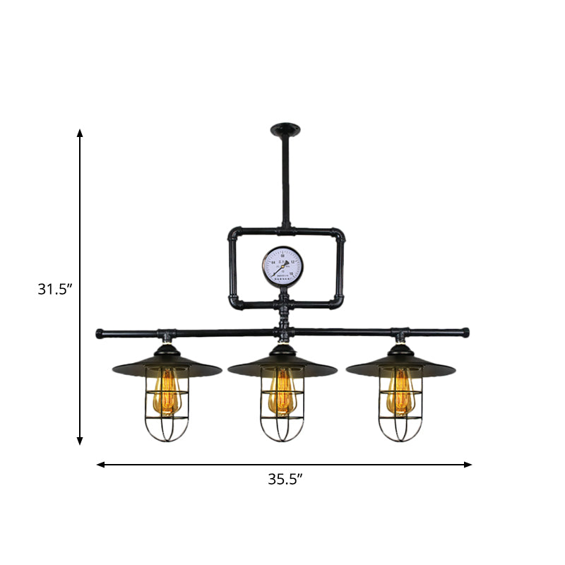 3 Heads Metal Ceiling Lighting Antiqued Black Flat Shade Bar Island Pendant Lamp with Watermeter Deco Clearhalo 'Ceiling Lights' 'Island Lights' Lighting' 519112