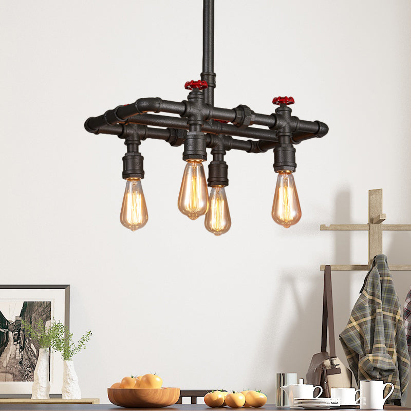 Iron Black Finish Hanging Ceiling Light Rectangle Frame 4/5-Light Antiqued Island Lamp Fixture over Dining Table Clearhalo 'Ceiling Lights' 'Island Lights' Lighting' 519124