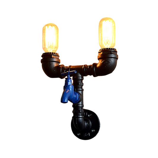 Piping Iron Wall Mount Light Industrial 2 Lights Corridor Sconce Lamp Fixture in Black with Water Tap Deco Clearhalo 'Art deco wall lights' 'Cast Iron' 'Glass' 'Industrial wall lights' 'Industrial' 'Middle century wall lights' 'Modern' 'Rustic wall lights' 'Tiffany' 'Traditional wall lights' 'Wall Lamps & Sconces' 'Wall Lights' Lighting' 519131