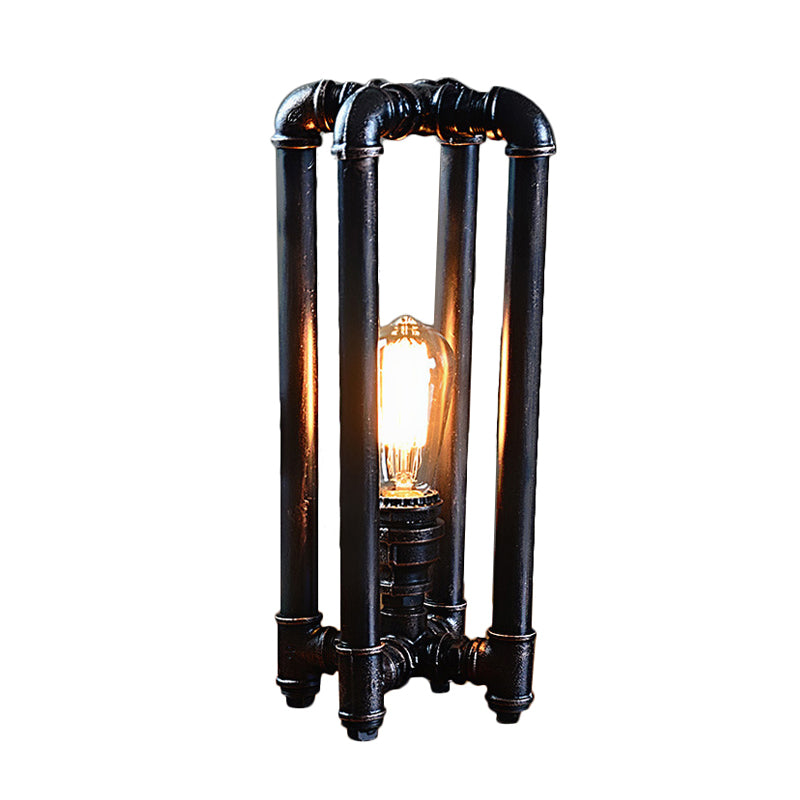 Iron Black Plug In Table Light Piping 1 Light Rustic Nightstand Lamp with Rectangle Cage Design Clearhalo 'Lamps' 'Table Lamps' Lighting' 519146