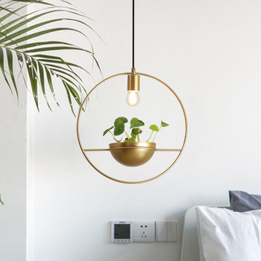 Gold 1 Head Pendant Lamp Industrial Metal Round Hanging Ceiling Light with Plant Decoration Gold Clearhalo 'Art Deco Pendants' 'Cast Iron' 'Ceiling Lights' 'Ceramic' 'Crystal' 'Industrial Pendants' 'Industrial' 'Metal' 'Middle Century Pendants' 'Pendant Lights' 'Pendants' 'Tiffany' Lighting' 519158