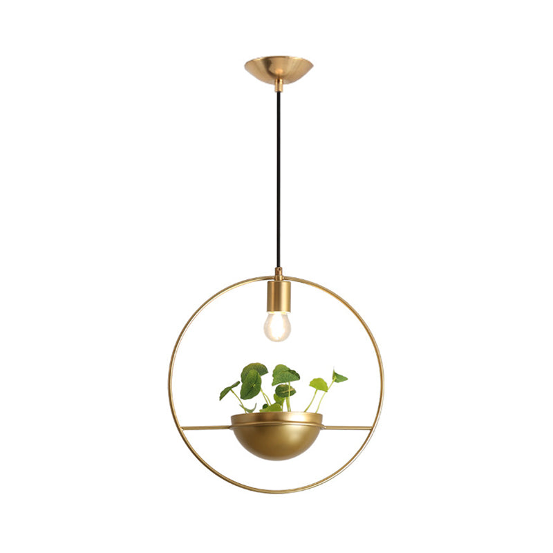 Gold 1 Head Pendant Lamp Industrial Metal Round Hanging Ceiling Light with Plant Decoration Clearhalo 'Art Deco Pendants' 'Cast Iron' 'Ceiling Lights' 'Ceramic' 'Crystal' 'Industrial Pendants' 'Industrial' 'Metal' 'Middle Century Pendants' 'Pendant Lights' 'Pendants' 'Tiffany' Lighting' 519161