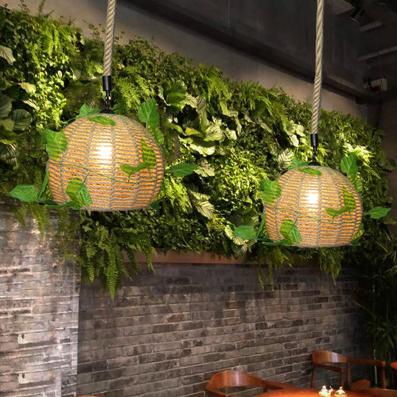 1 Bulb Dome Pendant Light Vintage Beige Hemp Rope LED Plant Hanging Lamp for Restaurant Beige Clearhalo 'Ceiling Lights' 'Industrial Pendants' 'Industrial' 'Middle Century Pendants' 'Pendant Lights' 'Pendants' 'Tiffany' Lighting' 519246