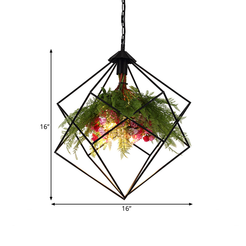 Industrial Geometric Plant Hanging Light 1 Bulb Metal LED Ceiling Suspension Lamp in Black, 16"/19.5"/23.5" Wide Clearhalo 'Art Deco Pendants' 'Black' 'Cast Iron' 'Ceiling Lights' 'Ceramic' 'Crystal' 'Industrial Pendants' 'Industrial' 'Metal' 'Middle Century Pendants' 'Pendant Lights' 'Pendants' 'Rustic Pendants' 'Tiffany' Lighting' 519417