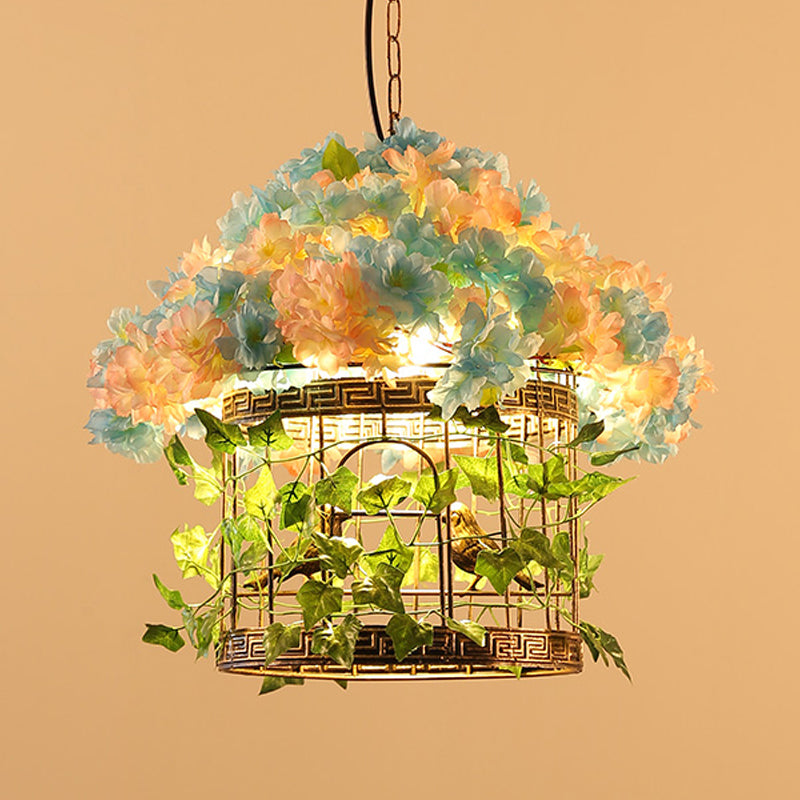 Industrial Bird Cage Hanging Pendant 1 Bulb Metal LED Suspension Light in Brass with Flower Decoration Clearhalo 'Art Deco Pendants' 'Cast Iron' 'Ceiling Lights' 'Ceramic' 'Crystal' 'Industrial Pendants' 'Industrial' 'Metal' 'Middle Century Pendants' 'Pendant Lights' 'Pendants' 'Tiffany' Lighting' 519483