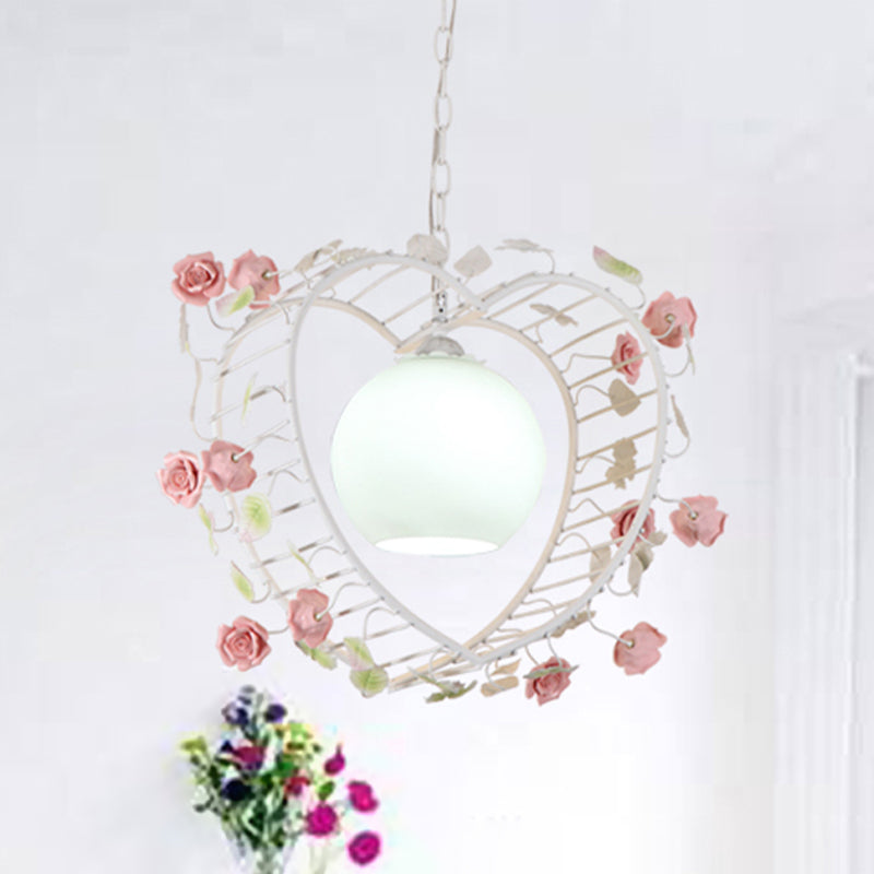 Heart Shaped Metal Pendant Light Pastoral 1 Bulb Dining Room LED Suspension Lighting Fixture in White Clearhalo 'Ceiling Lights' 'Pendant Lights' 'Pendants' Lighting' 519541